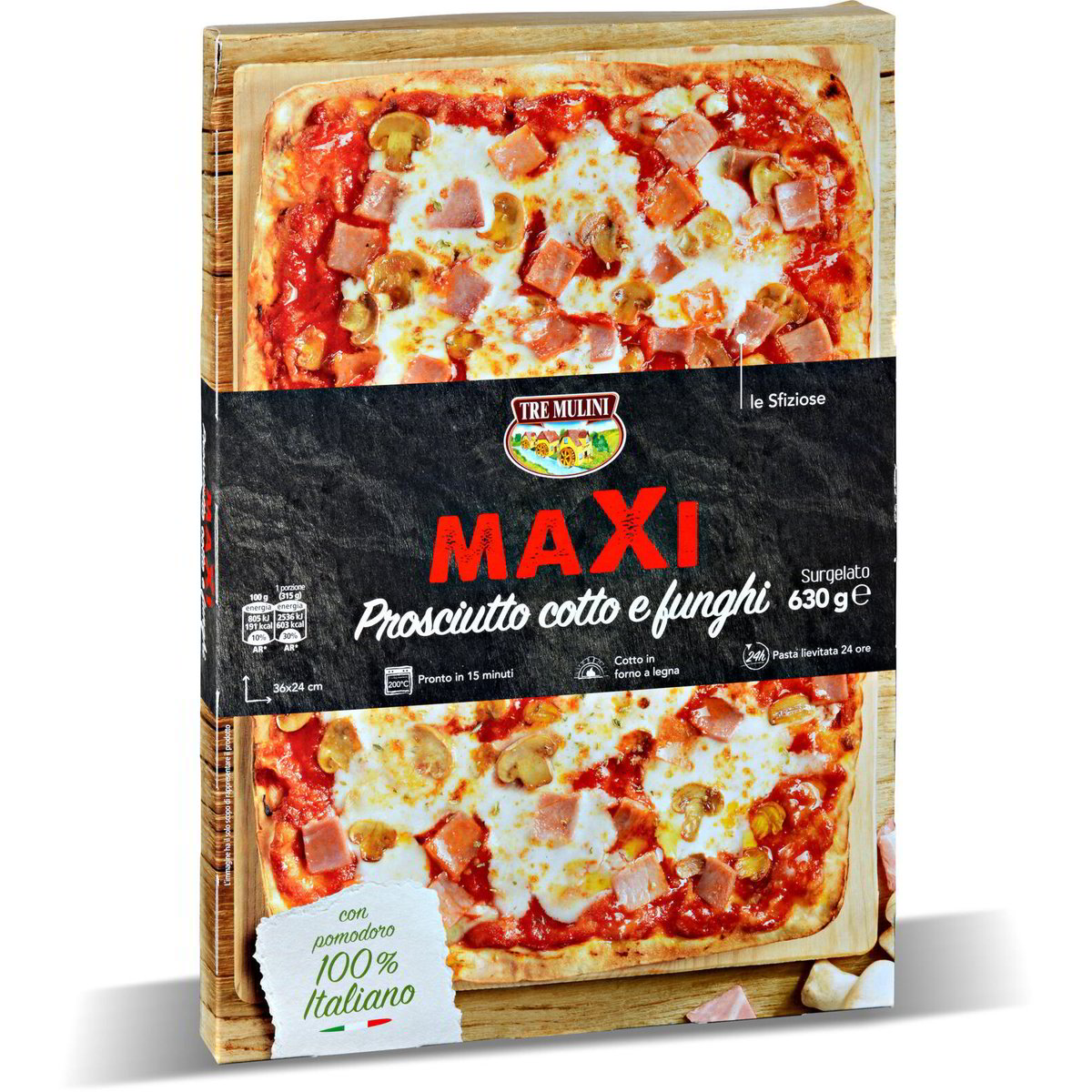 Pizza maxi con prosciutto cotto e funghi surgelata TRE MULINI 630g in